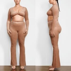 SKIMS Velvet Burnout Logo V Neck Long Sleeves Gloves Crop Top Peach Size 3X